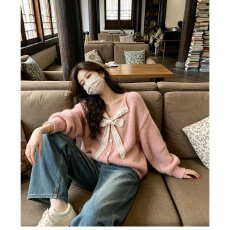 批发档口上新 2026年春季新款女装宽松落肩V领蕾丝蝴蝶结针织<b class='q'>开衫</b>毛衣