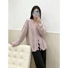 批发档口上新 2026年春季新款女士宽松V领镂空钩花针织<b class='q'>开衫</b>毛衣