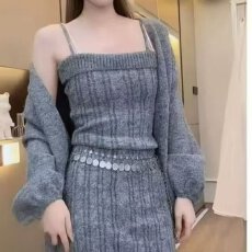 批发档口上新 2026年春季新款女针织开衫吊带<b class='q'>裙</b>两件套方领<b class='q'>灯笼</b>袖短<b class='q'>裙</b>