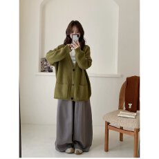 批发档口上新 2026春秋新款女装宽松<b class='q'>中长款</b>V领单排扣针织开衫毛衣<b class='q'>外套</b>
