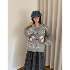 批发档口上新 2026秋冬新款女装翻领提花针织开衫宽松<b class='q'>中长款</b>毛衣<b class='q'>外套</b>