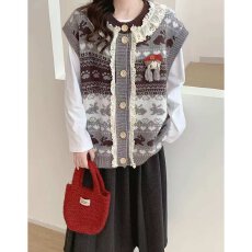 批发档口上新 2026年秋季新款女装圆领提花针织<b class='q'>马甲</b>宽松无袖开衫背心