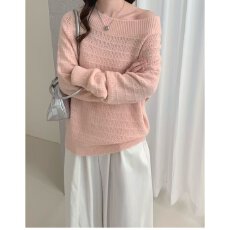 批发档口上新 2026秋季新款女装宽松落肩一字领<b class='q'>露肩</b>针织毛衣套头毛衫
