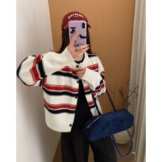 批发档口上新 2026年秋季新款女装圆领<b class='q'>长袖</b>条纹针织开衫宽松毛衣<b class='q'>外套</b>