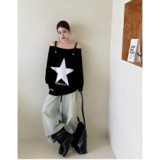 批发档口上新 秋冬新款女装宽松落肩<b class='q'>一字领</b>长袖套头针织毛衣星星印花