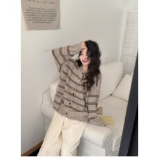 批发档口上新 2026秋冬新款女装宽松圆领条纹针织开衫<b class='q'>毛衣</b>外套