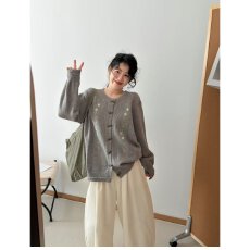 批发档口上新 2026春秋新款女装宽松落肩圆领长袖针织开衫<b class='q'>毛衣</b>