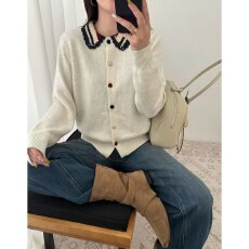 批发档口上新2026年秋季新款<b class='q'>女装</b>针织开衫撞色花边领长袖毛衣<b class='q'>外套</b>百搭