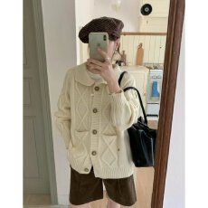 档口上新 2026年秋冬新款女装宽松落肩翻领针织开衫毛衣外套百搭