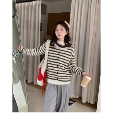 批发档口上新 2026年秋冬女装圆领<b class='q'>蕾丝</b>娃娃领条纹针织开衫毛衣长袖