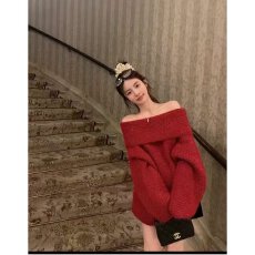 档口上新 2026年冬季新款女装宽松慵懒风露肩长袖针织毛衣中长款