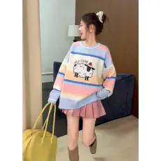 批发<b class='q'>可爱</b>风圆领长袖条纹卡通小羊宽松套头毛衣 减龄显瘦