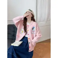 批发<b class='q'>可爱</b>风少女粉白圆领长袖卡通小狗刺绣开衫毛衣 减龄显瘦