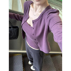 批发<b class='q'>莫代尔</b>260g 韩系辣妹紫色吊带背心开衫小个子短款修身上衣两件套