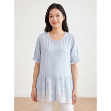 批发蕾丝花边短袖天丝<b class='q'>棉麻</b><b class='q'>衬衫</b>女士夏装新款收腰气质小衫减龄洋气上衣
