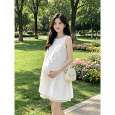 批发夏款孕妈蝴蝶结花苞圆领挂脖系带领口可调节松紧<b class='q'>连衣裙</b>