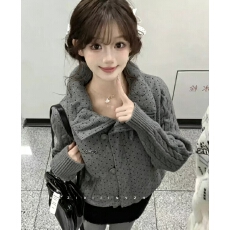 批发韩系甜美波点针织拼接长袖棉服外套女冬季宽松加厚短款保暖面包服