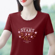 批发韩版女士短袖正肩印花大码女装中老年气质通勤宽松显瘦洋气上衣