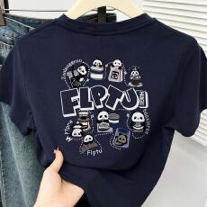 批发深灰色熊猫印花正肩短袖t恤女夏季新款设计感休闲百搭圆领上衣潮