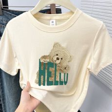 批发藏蓝色韩版显瘦正肩短袖T恤女装<b class='q'>大码</b>时尚百搭圆领卡通印花上衣潮