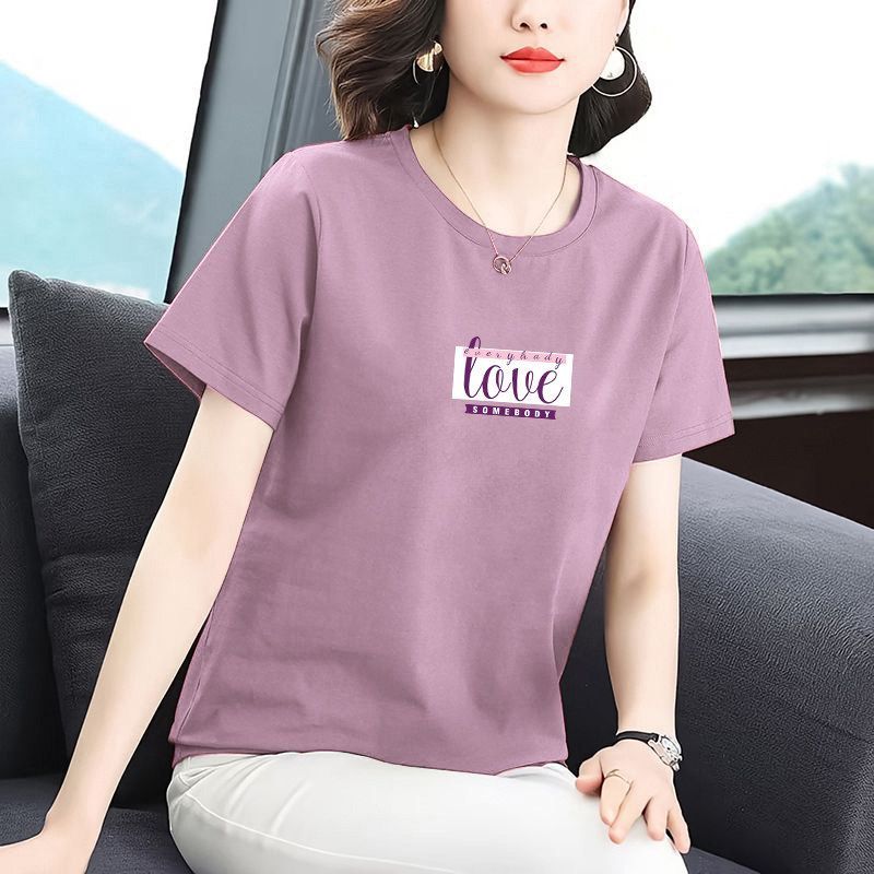 RY6535# 大码圆领印花纯棉短袖t恤女夏季中年妈妈宽松显瘦正肩漂亮上衣...