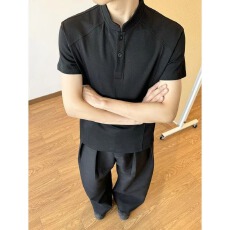 批发裁剪解构亨利领大码300斤可穿男款短袖痞帅半袖美式复古拼接T恤