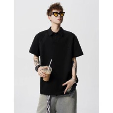批发美式复古短袖POLO衫男款夏季翻领重磅正肩痞帅T恤休闲半袖衬衫