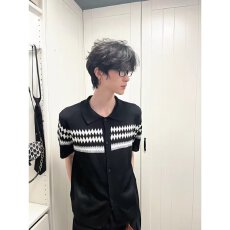 夏季撞色费尔岛提花松弛感慵懒风复古针织开衫外套短袖百搭男上衣