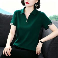 批发精梳棉 95%棉5%氨纶夏季新款纯色翻领POLO衫女<b class='q'>中老年</b>妈妈上衣女