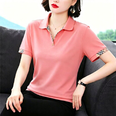 批发精梳棉 95%棉5%氨纶夏季新款纯色翻领POLO衫女<b class='q'>中老年</b>妈妈上衣女