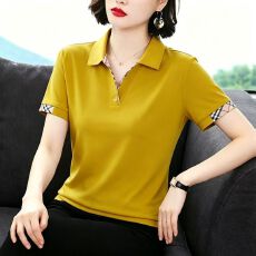 批发精梳棉 95%棉5%氨纶夏季新款纯色翻领POLO衫女<b class='q'>中老年</b>妈妈上衣女