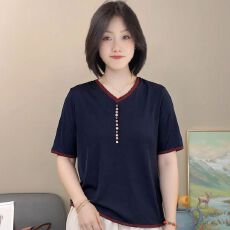 批发雪花绵 65%莱赛尔 35%聚酯纤维 夏季新款V领T恤女妈妈装短袖上衣