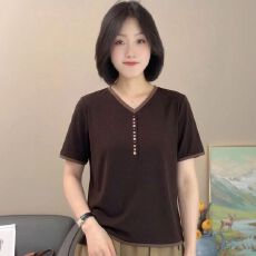 批发雪花绵 65%莱赛尔 35%聚酯纤维 夏季新款V领T恤女妈妈装短袖上衣