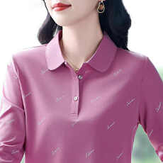 批发精梳棉 95%棉5%氨纶 秋季印花翻领T恤女气质长袖POLO衫<b class='q'>妈妈装</b><b class='q'>上衣</b>