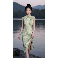 批发收腰修身浅绿色枫叶无袖旗袍女国风长款开叉气质改良旗袍苏州货源