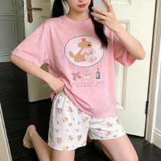 批发秋雅莉-夏季睡衣女爆款家居服-浅粉小狗抱毛兔白花裤双短 15.5元