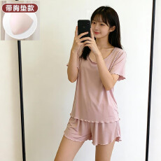 批发秋雅莉-夏季睡衣女爆款家居服-粉色木耳边双短带胸垫 16元