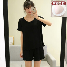 批发秋雅莉-夏季睡衣女爆款家居服-黑色木耳边双短带胸垫 16元