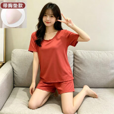 批发秋雅莉-<b class='q'>夏季</b><b class='q'>睡衣</b>女爆款家居服-砖红木耳边双短带胸垫 16元