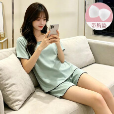 批发秋雅莉-<b class='q'>夏季</b><b class='q'>睡衣</b>女爆款家居服-绿色木耳边黑线双短带胸垫 16元