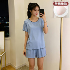 批发秋雅莉-<b class='q'>夏季</b><b class='q'>睡衣</b>女爆款家居服-蓝色木耳边黑线双短带胸垫 16元