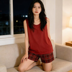 批发秋雅莉-<b class='q'>夏季</b><b class='q'>睡衣</b>女爆款家居服-暗红背心暗红格裤双短 15.5元