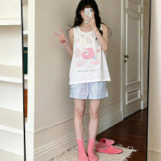 批发秋雅莉-夏<b class='q'>睡衣</b>女爆款家居服-白打机小狗背心蓝细格裤双短 15.5元