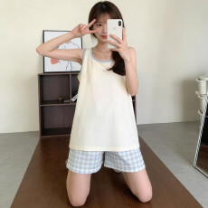 批发秋雅莉-<b class='q'>夏季</b><b class='q'>睡衣</b>女爆款家居服-纯米白背心浅蓝格裤双短 15.5元