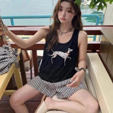 批发秋雅莉-<b class='q'>夏季</b><b class='q'>睡衣</b>女爆款家居服-黑斑点狗背心细格裤双短15.5元