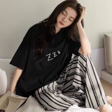 秋雅莉-夏季睡衣女爆款短袖家居服-短长黑Zzz杏直条裤 16.5元