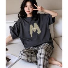 秋雅莉-夏季睡衣女爆款短袖家居服-深灰M字母短长 16.5元