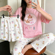 批发秋雅莉-夏睡衣女家居服-短袖浅粉小狗抱毛兔白花裤三件套 18.5元