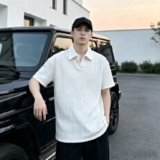 批发短<b class='q'>袖</b>polo衫男款夏季白色麦穗纹肌理感t恤翻领透气<b class='q'>半截</b><b class='q'>袖</b>