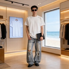 批发男势正肩<b class='q'>短袖</b>T恤<b class='q'>男生</b>夏季新款潮牌解构拼接宽松休闲半袖